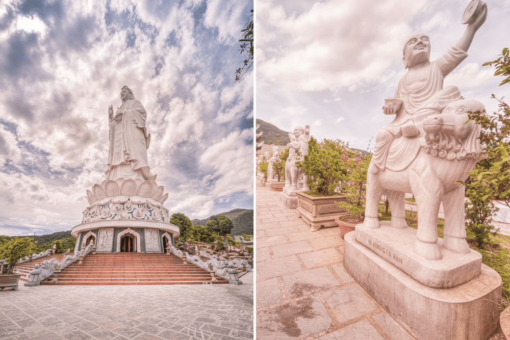 The 67-meter-tall Guanyin Bodhisattva statue and the corridor of Arhats are standout features of Linh Ung Pagoda
